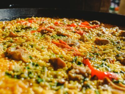 Rice and rabbit, typical dish of the gastronomy of the region of Murcia, Spain,